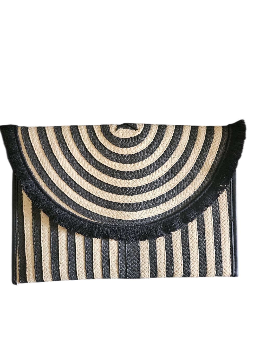 Stella & Dot Black/ Natural Raffia Fringe Envelope Clutch - Picture 2 of 6